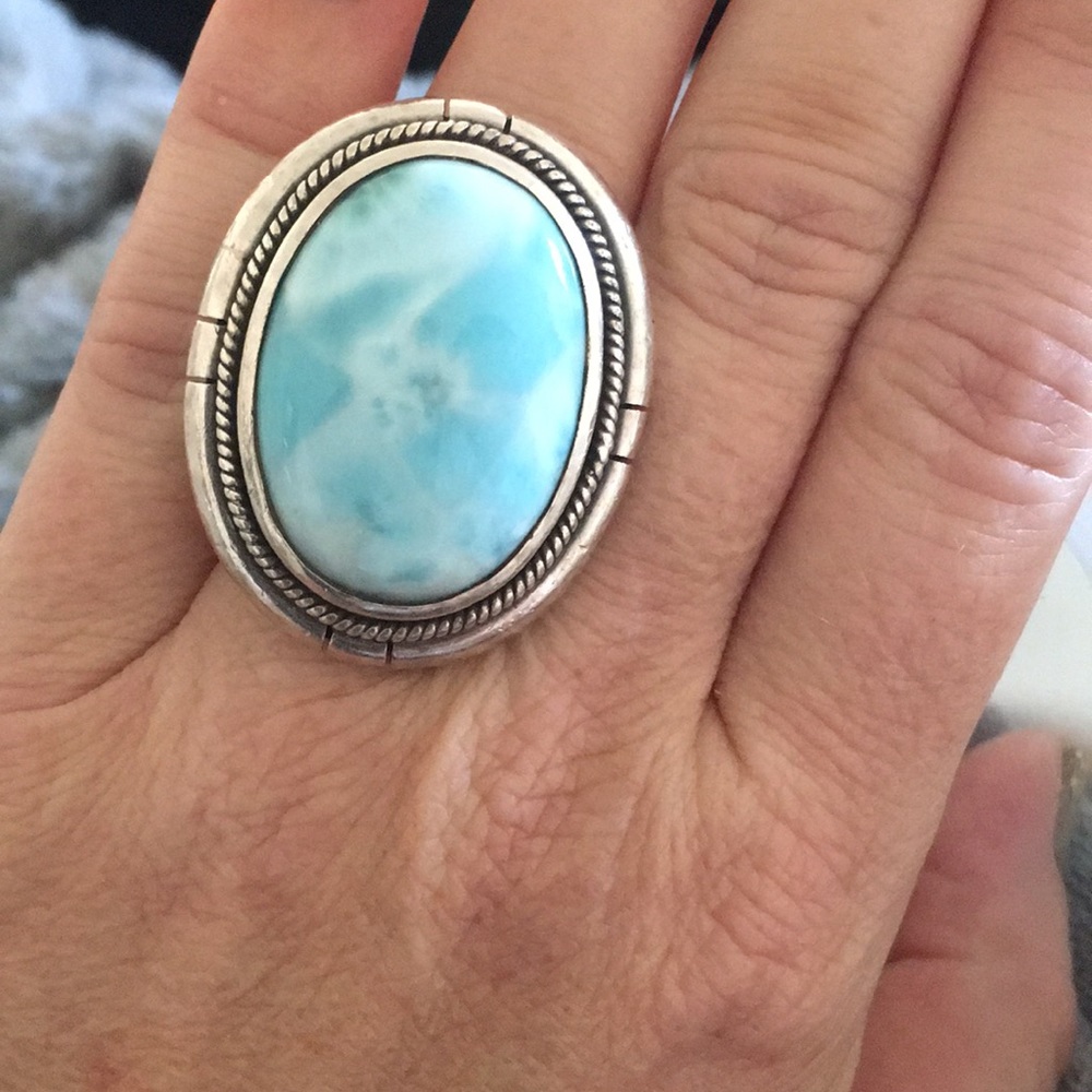Sterling silver ring detailed large real Larimar
